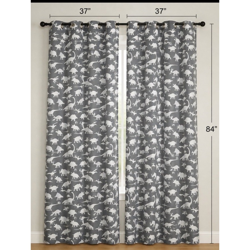 Your Zone Dino Dayz Grey Dinosaur Grommet TWO Curtain Panels 37x84 Kids Decor